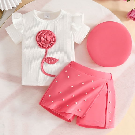 hengsof Kids Girls Clothes Ruffle Sleeve Tops Short Skirt Set 3 Piece Outfit