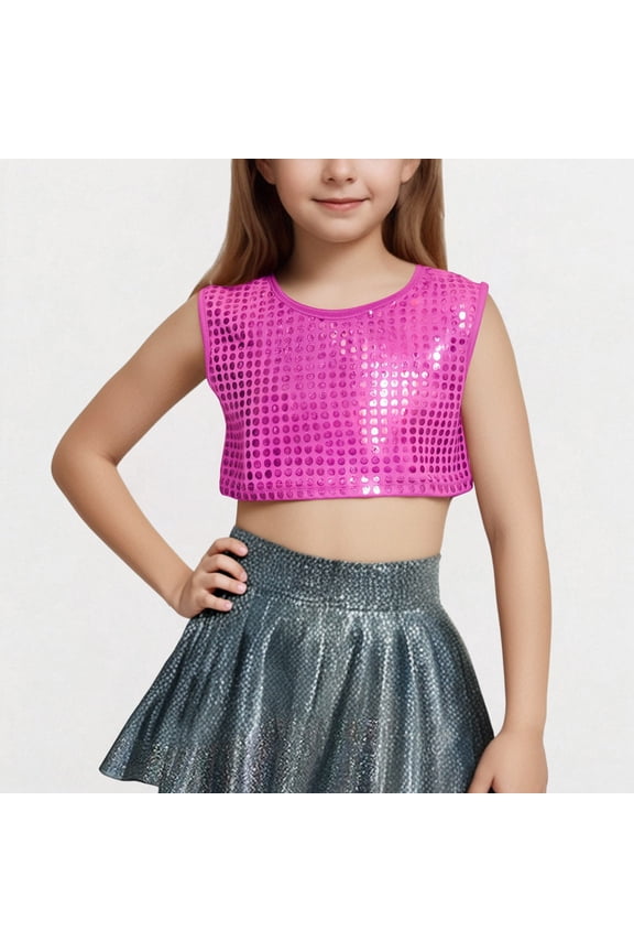 Kids Girls Glitter Metallic Sleeveless Hip Hop Jazz Latin Modern Dance Crop Top Party T-Shirt Dancewear Cropped Top Performance Outfit