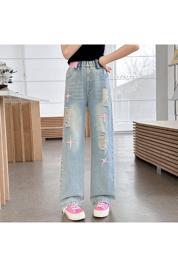 Kids Girls Torn Copper Jeans Casual Pocket Straight Leg Loose Jeans Sweet Star Pattern Jeans Summer Straight Elastic Waist Ripped Jeans Cute Kids Jeans Sizes 5-15 Years