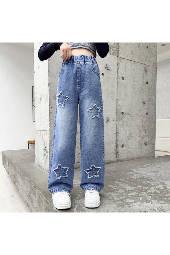 Kids Girls Torn Copper Jeans Casual Pocket Straight Leg Loose Jeans Sweet Star Pattern Jeans Summer Straight Elastic Waist Ripped Jeans Fashionable Kids Jeans Sizes 5-15 Years