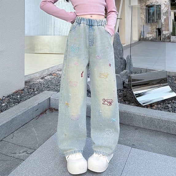 hengsof Kids Girls Wide Leg Jeans Casual Jeans Cute Pattern Jeans Summer Elastic Waist Wide Leg Jeans Fashionable Kids Jeans with Pockets Sizes 5-15 Years