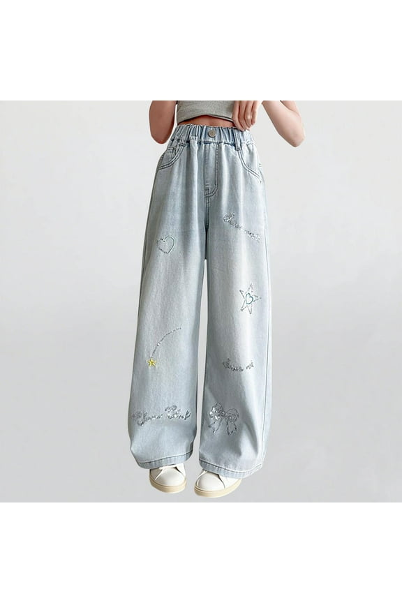 Kids Sparkle Star Stretch Jeans, Glitter Detail Elastic Waist Denim with Pockets, Fun Party Jeans for Girls, Sizes 5 to 15 Years