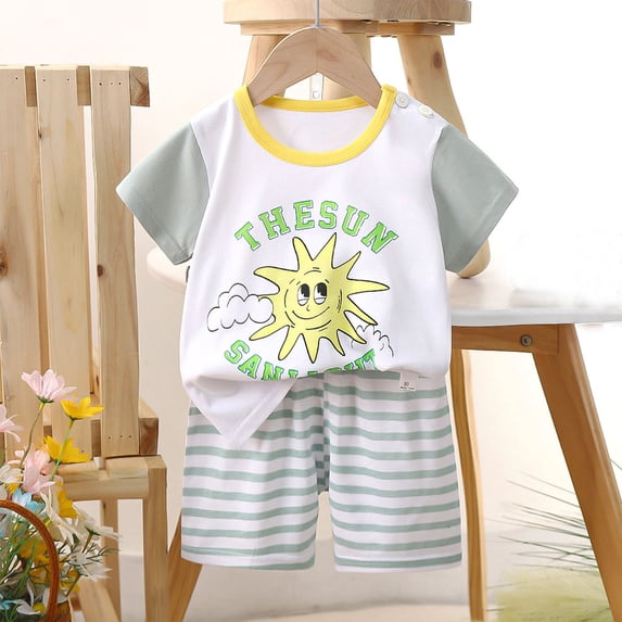 hengsof Kids Summer 2 Piece Short Sleeve Set, Toddlers Fashion Printed Graphic Cotton Round Neck Short Sleeve T-Shirt Elastic Waist Shorts Set, Comfortable Casual Wear for Boys Girls