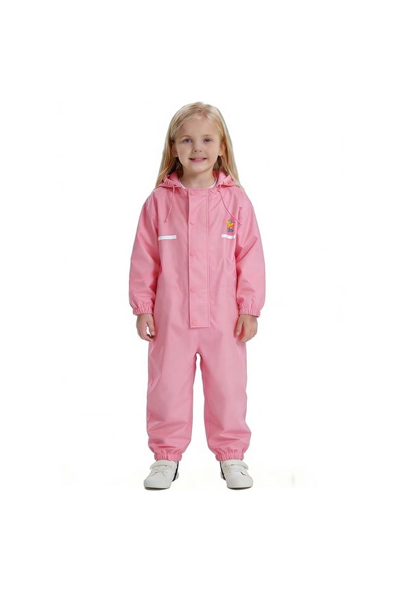 Kids Thicken Waterproof One Piece Rain Suit Overalls Hooded Reflective Long Sleeve Button Closure Raincoat for 3-14 Years