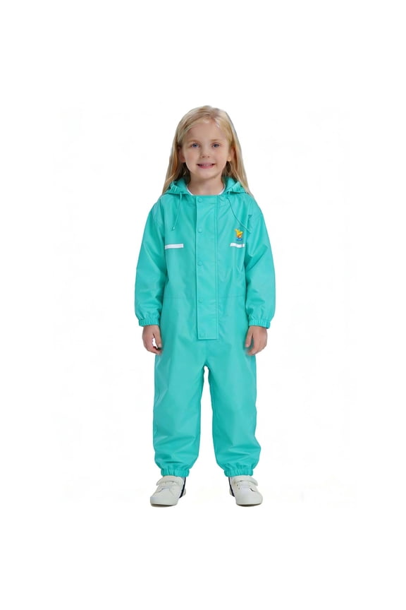 Kids Thicken Waterproof One Piece Rain Suit Overalls Hooded Reflective Long Sleeve Button Closure Raincoat for 3-14 Years