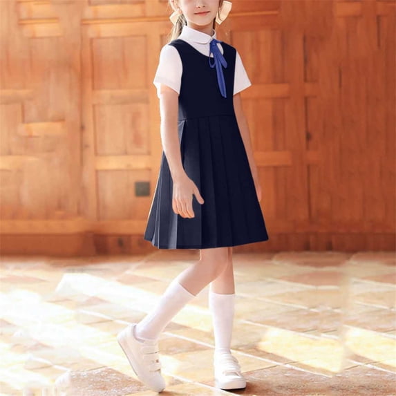 hengsof Kids Three Piece School Dress Set, Short Sleeve Collared Shirt Jumper and Tie, Complete Academic Outfit for Girls Size 3-15 Years
