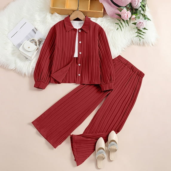 hengsof Kids Two Piece Fashionable Summer Suit, Girls Solid Color Long Sleeve Lapel Button Down Cardigan Shirt Elastic Waist Casual Pants Suit, Comfortable Loose Suit