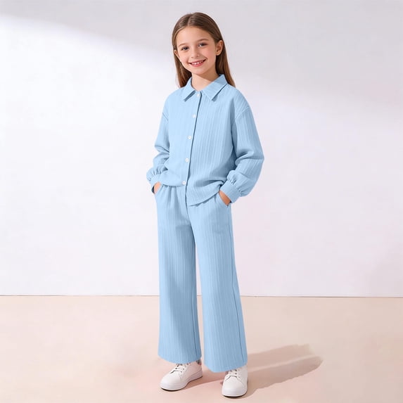 hengsof Kids Two Piece Outfit for 8-12 Years Long Sleeve Button Down Top and Elastic Waist Pocket Pants Set Casual Matching Clothes