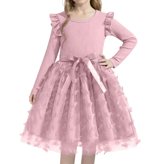 hengsof Layered Tulle Bow Accent Party Dress for Girls, Long Sleeve Netting Formal Gown, Sweet Style Dress for Special Events, Size 1-8 Years