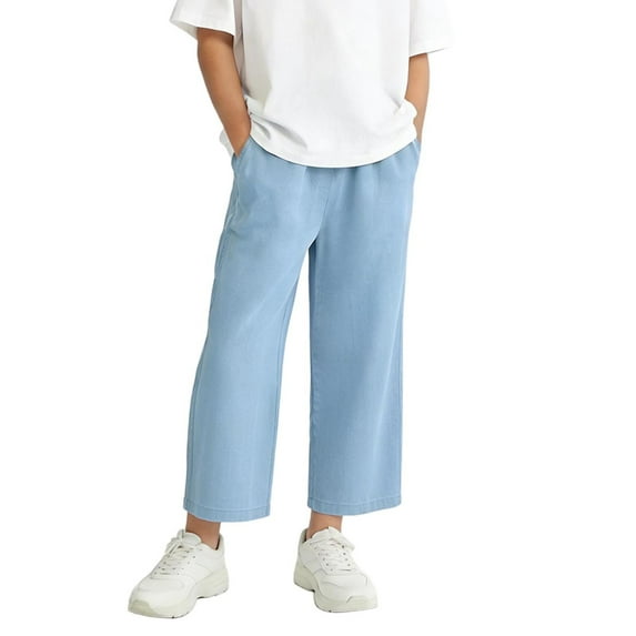 hengsof Lightweight Wide Leg Pants for Girls, Summer Cooling Fabric Casual Trousers, Elastic Waist Cropped Pants for Warm Weather, Size 3-14 Years