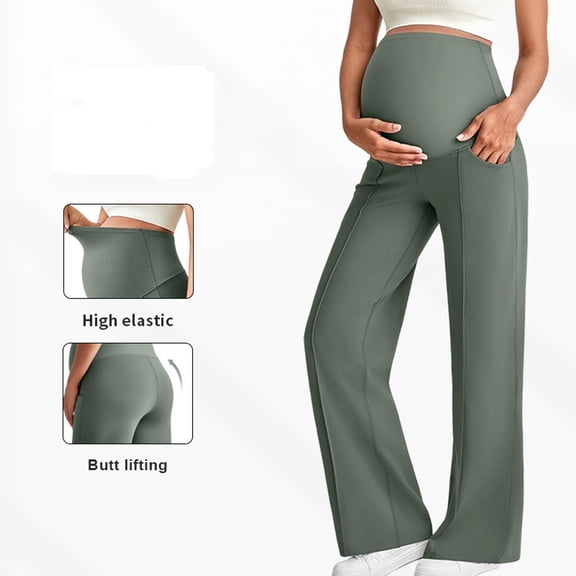 hengsof Maternity Dress Yoga Pants with Pockets Over The Belly Stretchy Work Slack Pregnancy Wide Leg Lounge