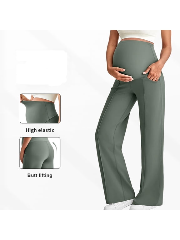Maternity Dress Yoga Pants with Pockets Over The Belly Stretchy Work Slack Pregnancy Wide Leg Lounge
