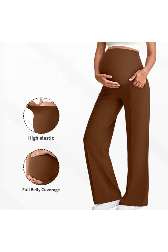 Maternity Dress Yoga Pants with Pockets Over The Belly Stretchy Work Slack Pregnancy Wide Leg Lounge