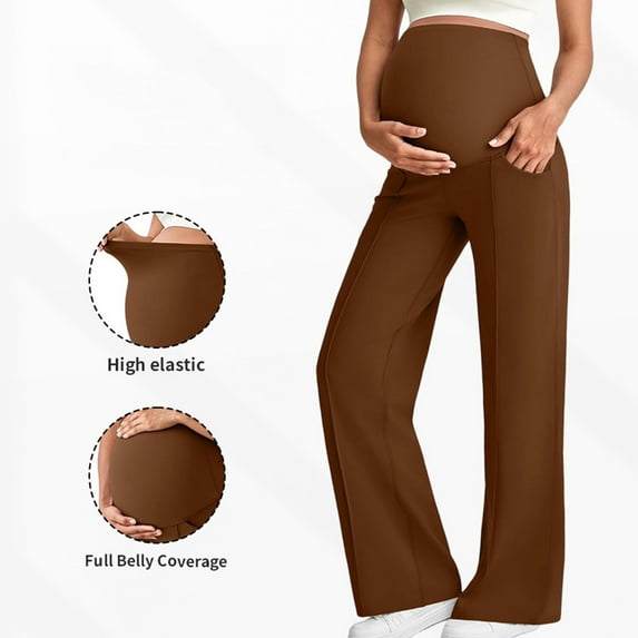 hengsof Maternity Dress Yoga Pants with Pockets Over The Belly Stretchy Work Slack Pregnancy Wide Leg Lounge