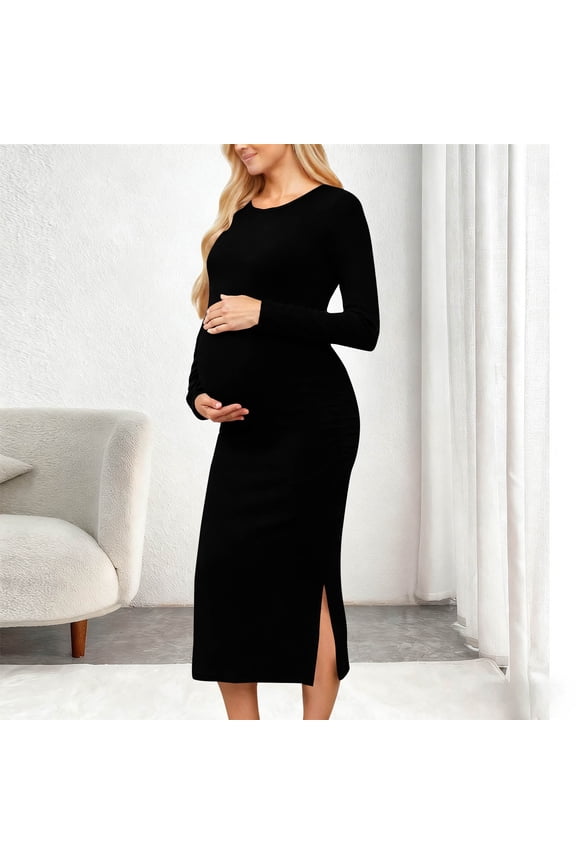 Maternity Long Sleeve Bodycon Dress Ruched Side Split Maxi Dress for Pregnant Women