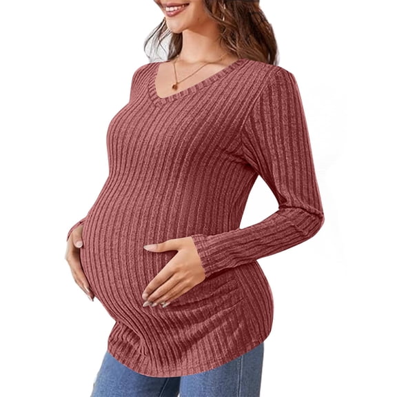 hengsof Maternity V Neck Ribbed Long Sleeve Top Ruched Side Pregnancy Blouse Soft Stretchy Casual Shirt for Pregnant Women