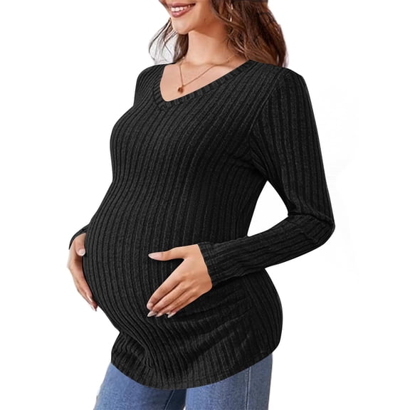 hengsof Maternity V Neck Ribbed Long Sleeve Top Ruched Side Pregnancy Blouse Soft Stretchy Casual Shirt for Pregnant Women