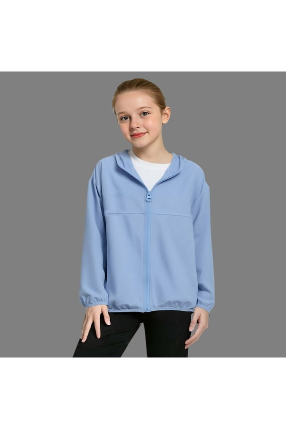 Mesh Panel Hooded Sun Protection Jacket for Kids, Lightweight Summer Windbreaker with Drawstring, UPF Outdoor Cover Up for Boys and Girls, Size 4-13 Years