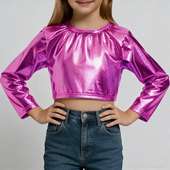 hengsof Metallic Dance Tops for Girls Long Sleeve Cropped Top Shiny Disco Streetwear Rave Party Festivals Costumes