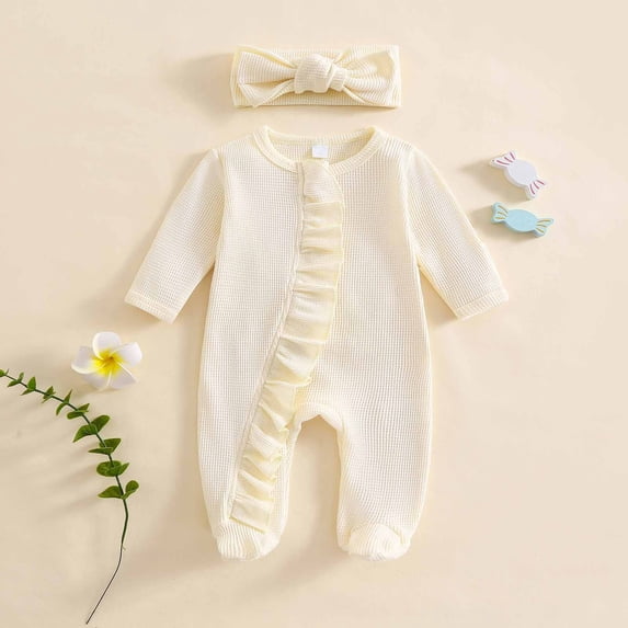 hengsof Newborn Baby Girl Solid Color Long Sleeve Jumpsuit Ruffle Romper Newborn Fashionable Coming Home Outfit for Baby Girl