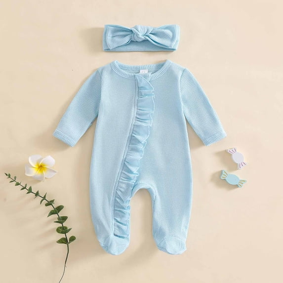 hengsof Newborn Baby Girl Solid Color Long Sleeve Jumpsuit Ruffle Romper Newborn Fashionable Coming Home Outfit for Baby Girl