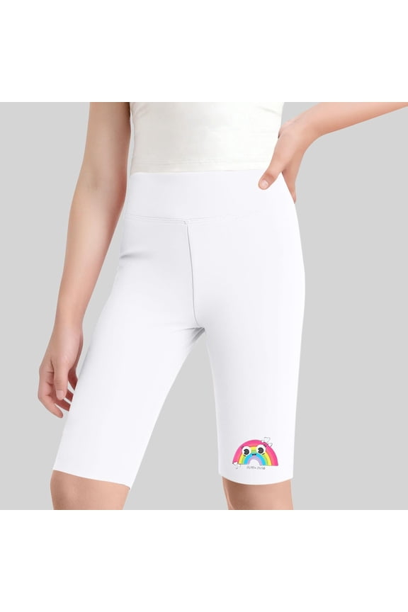 Rainbow Print High Waist Yoga Shorts for Girls, Length Compression Fit Leggings, Athletic Wear for Summer Workouts and Exercise, Size 4-13 Years