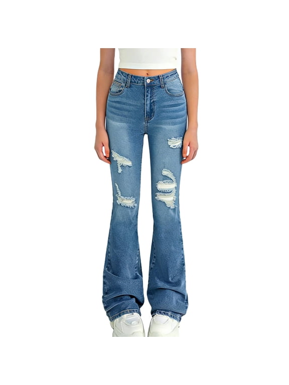 Ripped Detail Flare Leg Jeans for Teen Girls, Slim Fit Stretch Denim Pants, Bootcut Trousers with Casual Style, Size 6-13 Years