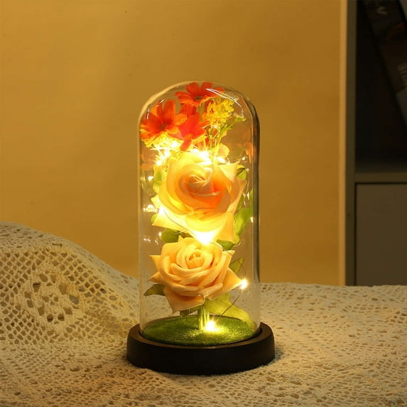 hengsof Rose Flowers Gifts for Women, Rose Bouquet in Glass Dome with LED Light, Birthday Gifts for Her, Preserved Rose Gifts for Valentines, Anniversaries