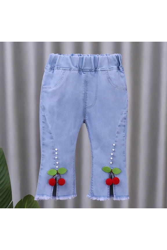 Sequin Bow Pearl Detail Flare Capri Jeans for Girls, Stretch Denim Cropped Pants, Split Hem Trousers with Elastic Waist, Size 1-6 Years