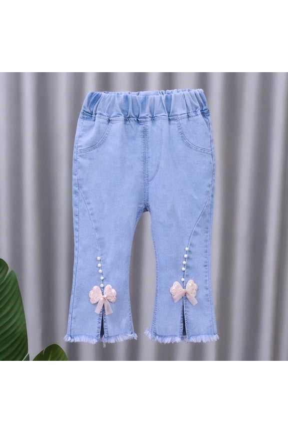 Sequin Bow Pearl Detail Flare Capri Jeans for Girls, Stretch Denim Cropped Pants, Split Hem Trousers with Elastic Waist, Size 1-6 Years