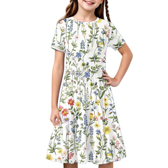 hengsof Short Sleeve Casual Dresses for Girls, Stylish Printed Pleated Dresses for Kids, Comfortable Everyday Dresses, Sizes 4 to 14