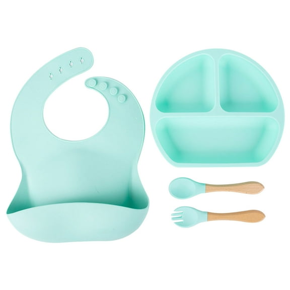 hengsof Silicone Baby Feeding Set Baby Led Weaning Supplies Set Suction Baby Plate Bowl Set with Bib Spoon Fork Baby Feeding Eating Supplies Set BPA Free