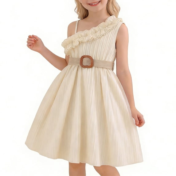 hengsof Sleeveless Solid Color Dress for Girls Fitted Waist One Shoulder Cute Ruffled Hem Summer Casual Sundress Suitable for Children Aged 5-12