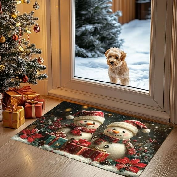 hengsof Snowman Christmas Tree Door Mat 15.7x23.6 Inch,Winter Snowflake Doormat Indoor Entrance,Non Slip Rubber Front Door Mats Washable Absorbent Home Entryway Rug
