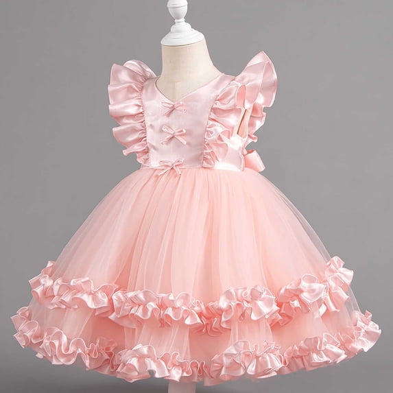 hengsof Solid Color Back Zipper Party Dress for Girls, Princess Style Formal Gown for Toddlers, Celebration Outfit for Events