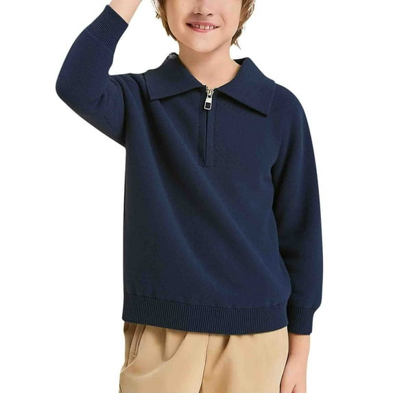 hengsof Solid Color Long-Sleeved Knit Sweater for Boys,Soft Skin-Friendly,Casual Collared Shirt,Preppy Style Children's Wear