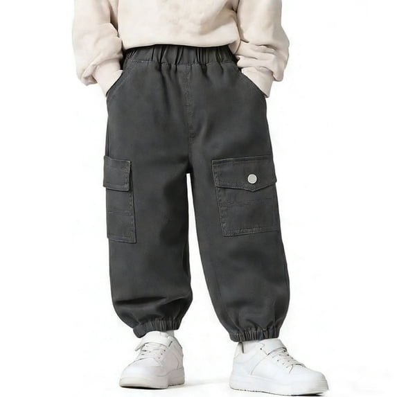 hengsof Solid Color Multi Pocket Cargo Pants for Boys, Stretch Waist Jogging Pants for Toddlers, Cotton Hiking Pants Casual Outdoor School Pants Suitable for Ages 1-10