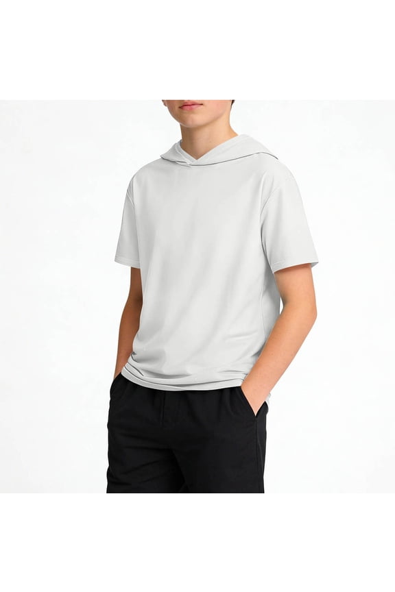 Solid Color Short Sleeve Hooded Tee for Boys, Casual Pullover Top with Drawstring, Comfort Fit Shirt for Everyday Wear, Size 5-15 Years