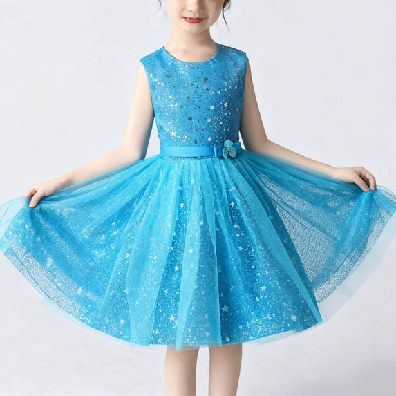 hengsof Star Sequin Mesh Party Dress for Girls, Sleeveless Performance Gown for Stage Shows, Dance Outfit for Competitions and Special Occasions, Size 4-15 Years