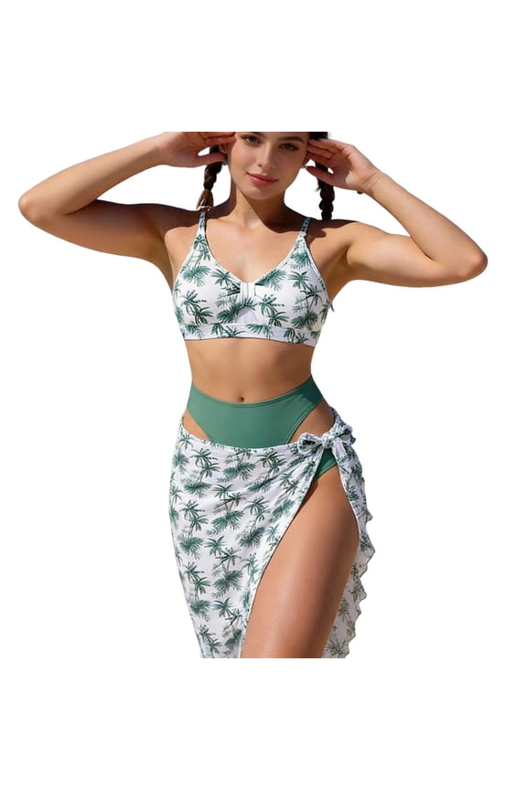 Stylish Three Piece Printed Swimsuit Set, Suitable for Girls Aged 13-16, Summer Bikini Beach Vacation Halter Swimsuit