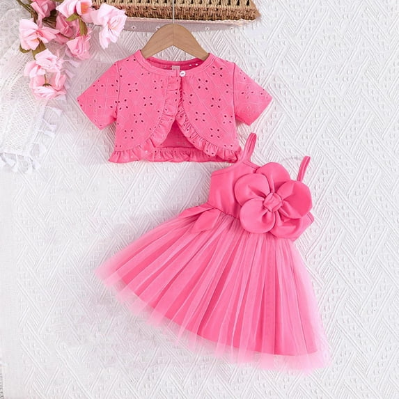 hengsof Summer Outfit Set for Baby Girls Sheer Dress Openwork Button Down Short Sleeve Jacket Sweet Girl's Clothing Set 2PC