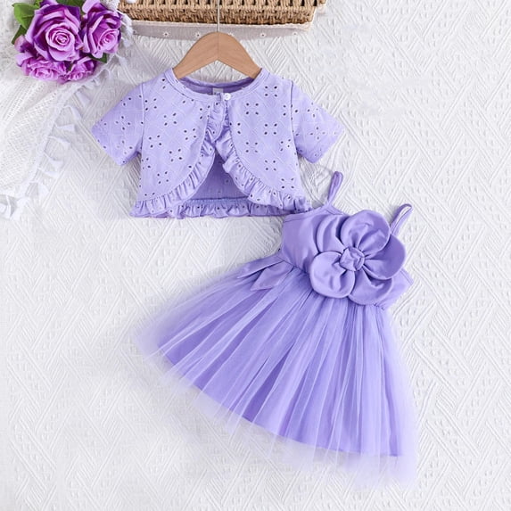 hengsof Summer Outfit Set for Baby Girls Sheer Dress Openwork Button Down Short Sleeve Jacket Sweet Girl's Clothing Set 2PC