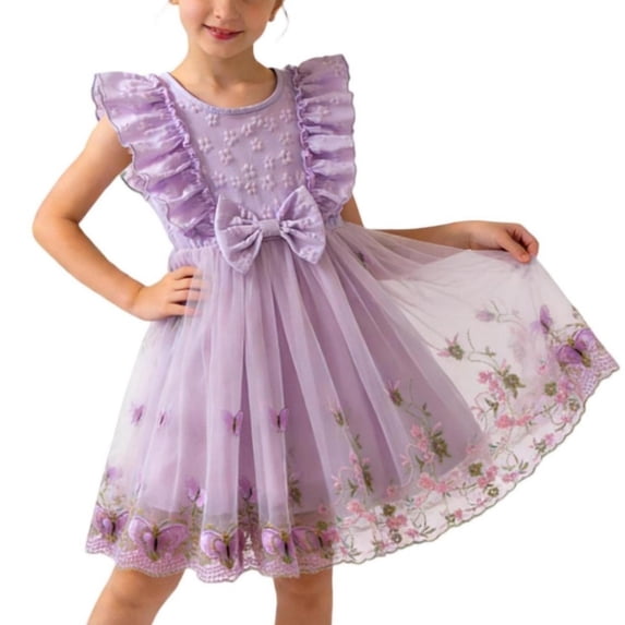 hengsof Summer Party Dresses for Girls, Cute Ruffled Floral Embroidered Crew Neck Dress, Sweet Bow Mesh Princess Dress Ages 3-8 Years