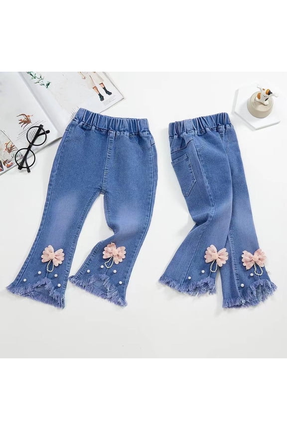 Sweet Denim Jeans for Toddlers and Infants Cute Printed Patterns Elastic Waistband Stretch Flared Pants Patchwork Jeans