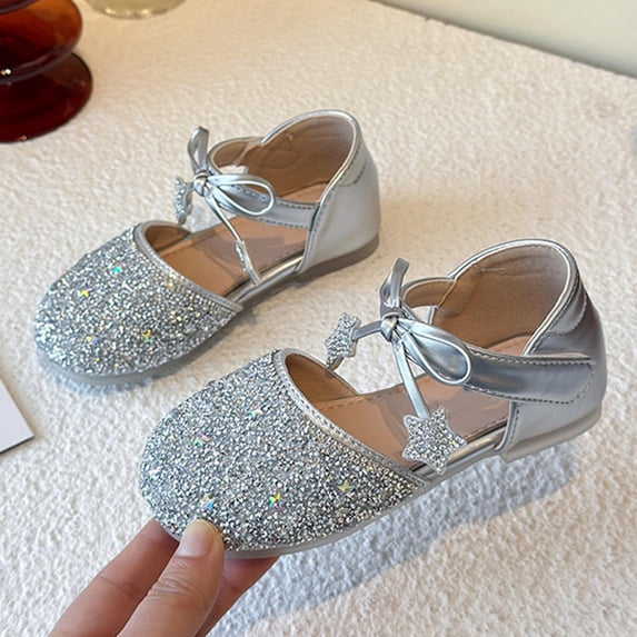 hengsof Sweet Princess Shoes for Girls Spring Summer Fashionable Rhinestone Star Leather Shoes Comfortable Versatile Crystal Shoes
