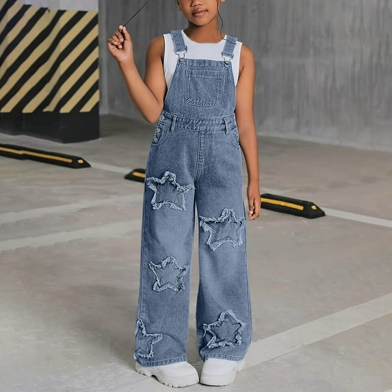 hengsof Teen Girls Denim Jumpsuit Solid Color Star Decorated Wide Leg Overalls Casual Fashion One Piece Romper for 6-13 Years Old