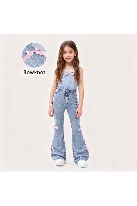 Teen Girls Flare Jeans Solid Color Bow Decorated Slim Fit Denim Pants Bell Bottom Fashion Casual Trousers for 6-13 Years Old
