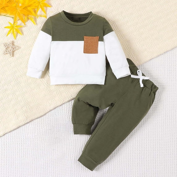 hengsof Toddler Baby Boy Clothes Color Block Spring Summer Outfit Long Sleeve Round Neck Sweatshirt and Pants Infant Set 2PC