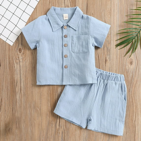 hengsof Toddler Baby Boys Clothes Set Button Down Shirt Tops Cotton Linen Shorts Summer Outfit 2PCS with Pockets