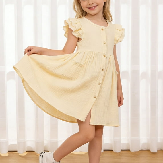 hengsof Toddler Baby Girls Summer Dress Ruffle Sleeves Casual Little Girl Dress with Button Sweet Summer Dresses 2-8Y